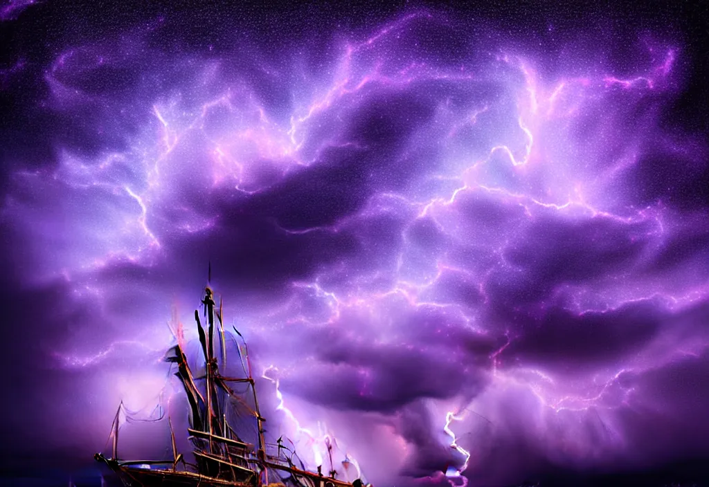 Prompt: purple color lighting storm with stormy sea close up of a pirate ship firing its cannons trippy nebula sky with dramatic clouds painting by banksy