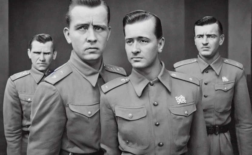 Prompt: 50s movie still close-up portrait of three soviet officers with very detailed faces in a stalinist style hall, by Angust Sander, Cinestill 800t 35mm black and white, heavy grainy picture, very detailed, high quality, 4k, HD criterion, precise texture, diverse faces, diverse haircuts, diverse ages, each faces precisely define