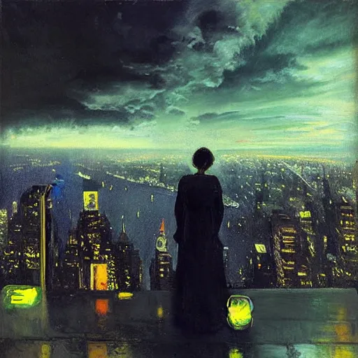 Image similar to “ a girl looking down at a futuristic new york city below, ghostpunk, neon lights, fog, storm clouds, rain, detailed face, oil painting, by george bellows ”