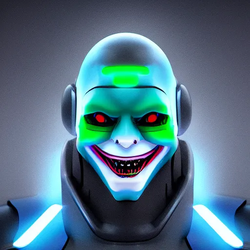 Prompt: robot joker neon glowwave, clouds, glowwave, digital art, artstation, unreal render