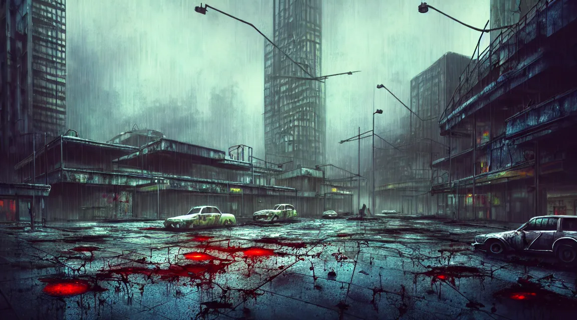 Prompt: post apocalyptic city building, raining, building, avenue, modern contemporary urban americana concrete architecture, paved roads, by pascal blanche trending on artstation, photorealistic, neon ambiance, ultra detailed, high definition, depth of field, bokeh, wild vegetation, blood stains, crumbling, post - apocalyptic warriors