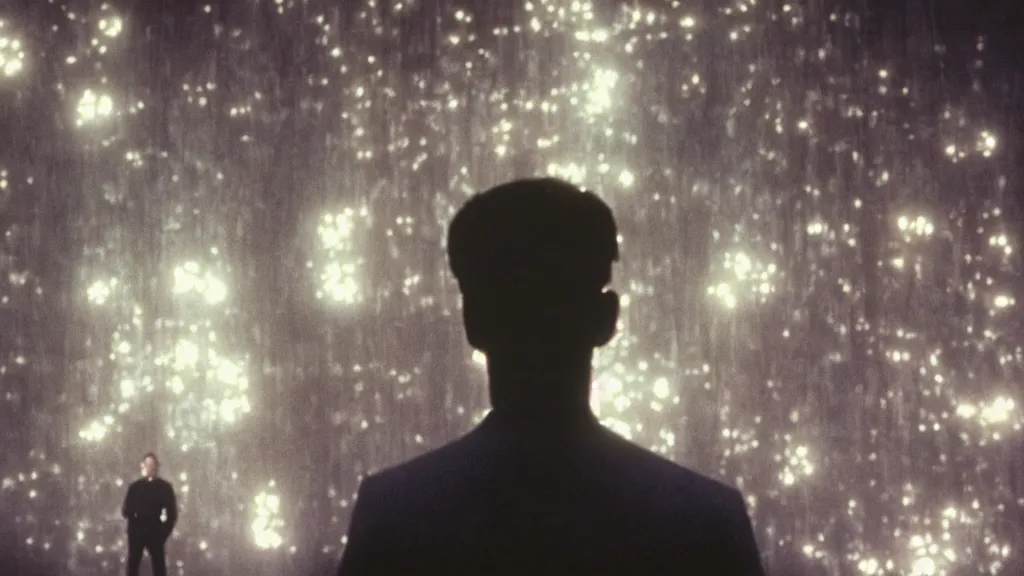 Image similar to movie scene of a man standing in front of a multiverse machine, movie still, cinematic composition, cinematic light, pastel color scheme, movie by David Lynch