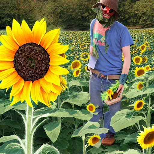 Prompt: plants! vs zombies sunflower!! as a tobacco!! salesman by cory arcangel