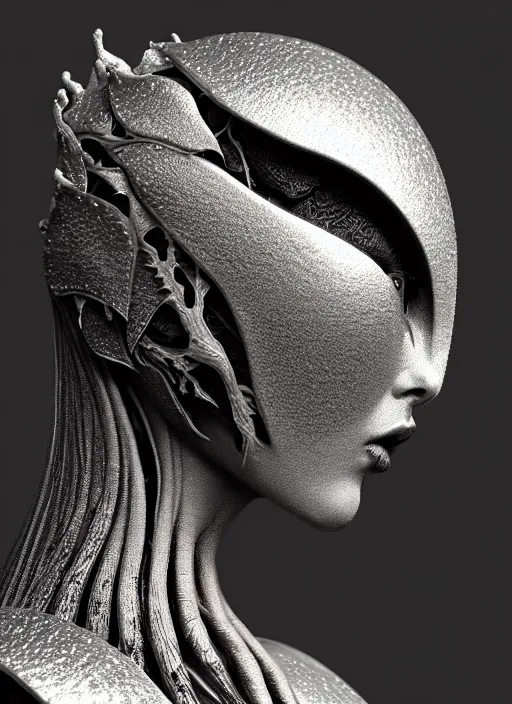 Prompt: bw contrasted close - up profile face, black background, beautiful young porcelain vegetal - dragon - cyborg - female, 1 5 0 mm, beautiful natural soft rim light, silver gold details, magnolia leaves and stems, roots, mandelbot fractal, elegant, ultra detailed, white metallic armour, octane render, h. r. giger style