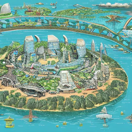 Prompt: a detailed high resolution map of a futuristic city located in a round island with a lot of vegetation surrounded by water with a few flying ships stationed around it, in style of mexican surreal muralist. full color, axonometric exploded view, high res