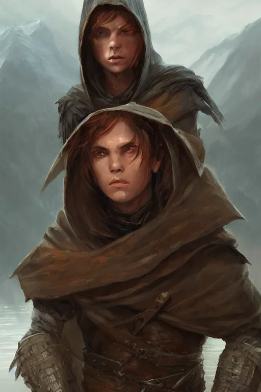Prompt: dungeons and dragons young hooded warrior character closeup portrait, dramatic light, lake background, 2 0 0 mm focal length, painted by stanley lau, painted by greg rutkowski, painted by stanley artgerm, digital art, trending on artstation