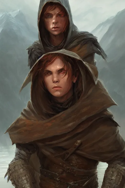 Image similar to dungeons and dragons young hooded warrior character closeup portrait, dramatic light, lake background, 2 0 0 mm focal length, painted by stanley lau, painted by greg rutkowski, painted by stanley artgerm, digital art, trending on artstation