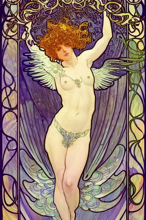 Image similar to full figure art nouveau window depicting a beautiful young fit male angel with curly blond hairs, dressed with fluent clothes, majestic wings, luminous halo, by alfons mucha, d & d character, gradient white to gold, in front of an iridescent background, highly detailed portrait, digital painting, artstation, concept art, smooth, sharp focus, illustration, artstation hq