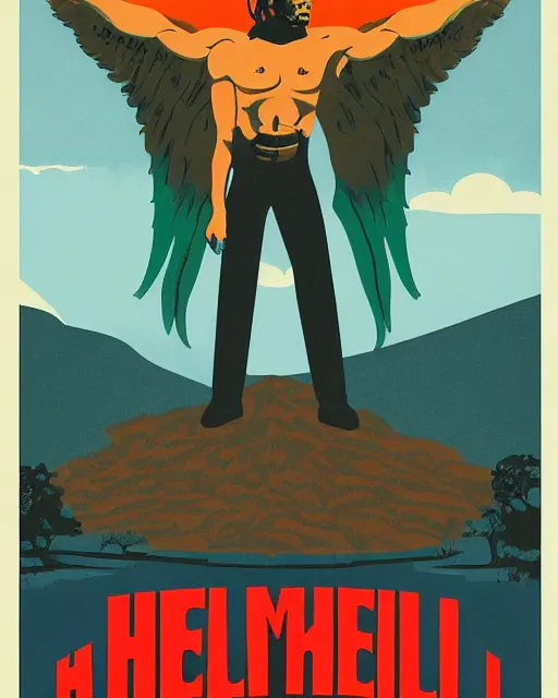 Prompt: 1 9 7 0 s national parks poster for hell, poster design, 4 k, heavy metal art style, muscular lucifer