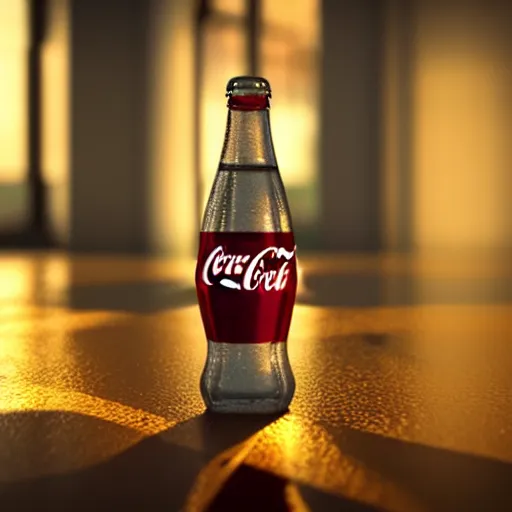 Image similar to bottle of coca - cola, droplets flow down the bottle, soft warm light, ultra quality, super detail, play of light, yellow light shining through, focus unreal engine 5,