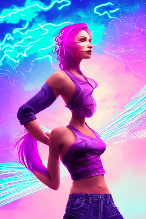 Image similar to a award winning half body portrait of a beautiful woman in a croptop and cargo pants with ombre purple pink teal hairstyle with head in motion and hair flying, surrounded by whirling illuminated lines, outrun, vaporware, shaded flat illustration, digital art, trending on artstation, highly detailed, fine detail, intricate