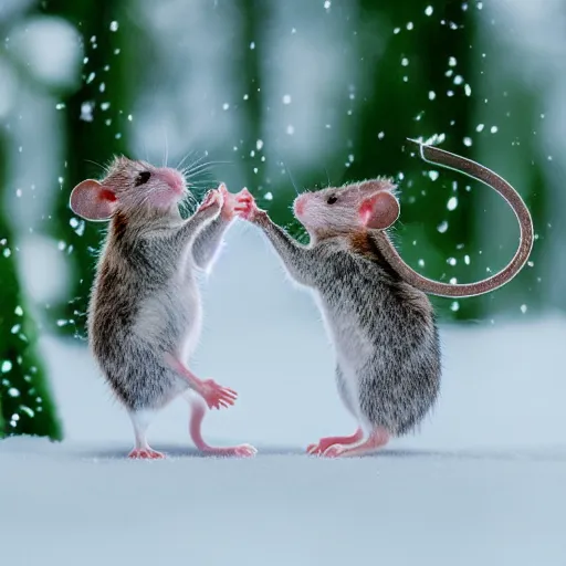 Prompt: 2 mice dancing in the snow, white and grey, green trees, award winning macro shot, in focus, national geographic