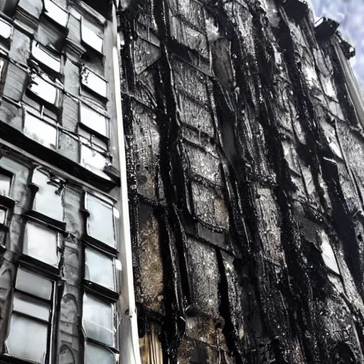 Image similar to apocalyptic city, buildings covered in shiny black tar, black shiny gooey tar on buildings, black shiny goo everywhere