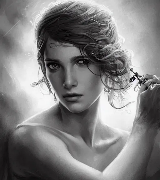 Image similar to beautiful young aphrodite goddess, archer, realistic face, beautiful piercing eyes, black and white drawing, in the style of greg rutkowski, fantasy, amazing detail, epic, intricate, elegant, smooth, sharp focus