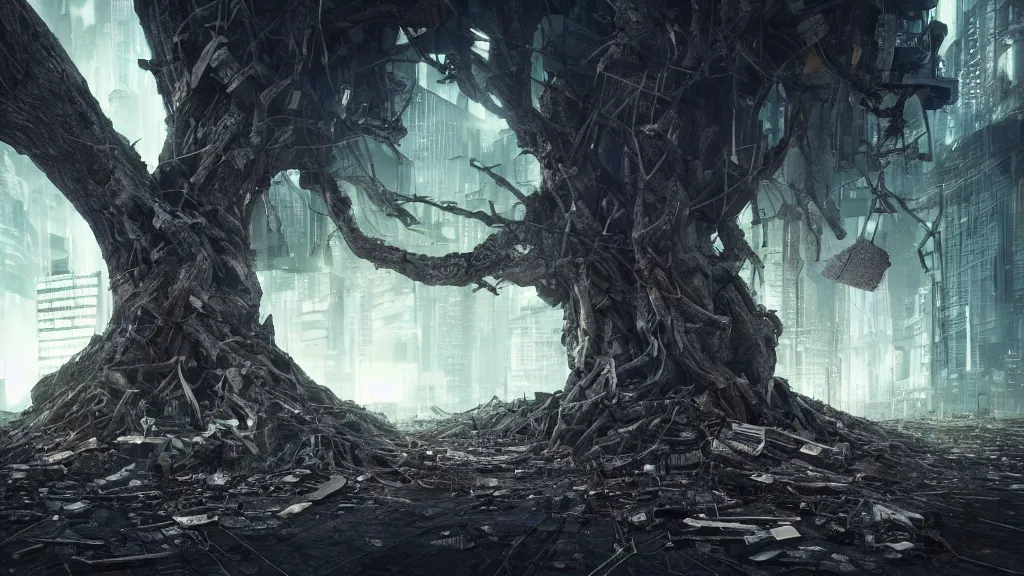 Image similar to a terrifying tree destroying a dystopian city, cyberpunk, sharp focus, dynamic lights, still, photograph, hyper realistic, masterpiece, octane render, rendered, 3 d, cinematic, cinematic lighting, dramatic lighting, highly detailed, intricate details, texture, cinematic composition, wide shot, by donglu yu and kevin jick and eddie del rio