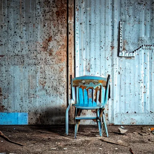 Prompt: detailed extreme long shot photos from abandoned warehouse, blue plastic old chair, white cats, in the style of moneta sleet jr. and j. ross baughman