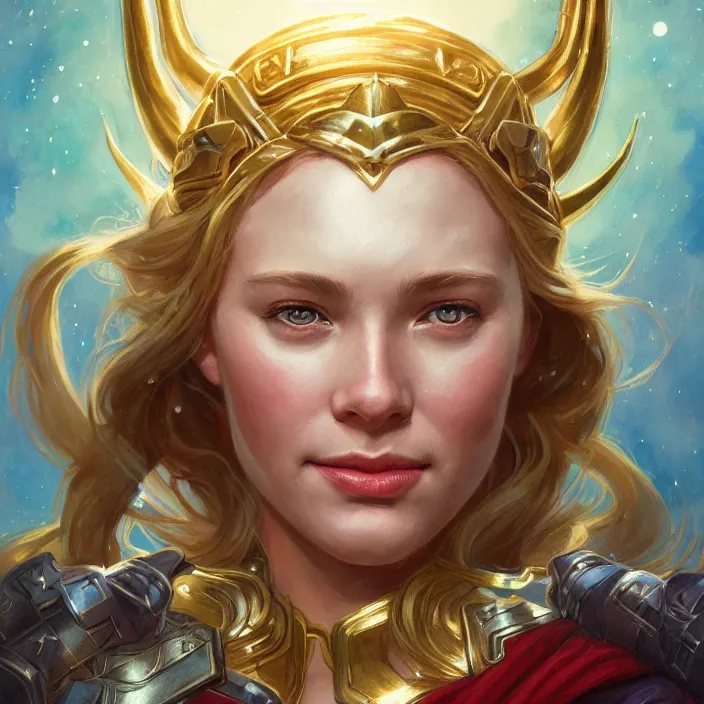 Image similar to smiling beautiful female thor with sparkling eyes, closed up portrait, highly detailed, gold filigree, fantasy, soft cinematic lighting, award, disney concept art, watercolor illustration by mandy jurgens and alphonse mucha and alena aenami, pastel color palette, featured on artstation