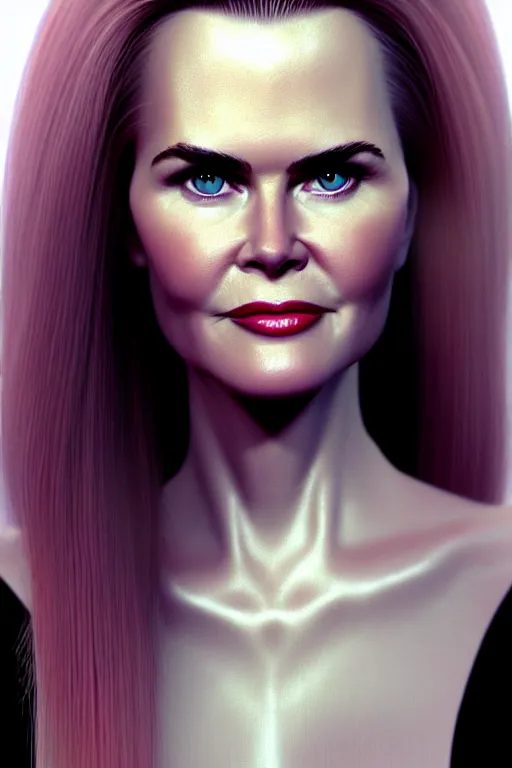 Prompt: mix of beautiful young maria shriver, mariel hemmingway, brooke shields, nicole kidman and elle macpherson as an alien creature, thin lips, hair tied up in a pony tail, dark blonde hair, colorful, artstation, cgsociety