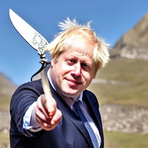 Prompt: Boris Johnson holding a sword standing on top of a mountain