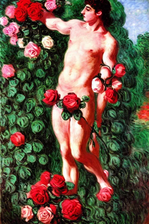 Prompt: the greek god hermes marched forward among the roses, monet, musha, oil painting style, large beautiful pale pink roses and deep red roses