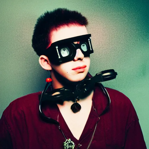 Prompt: kodak ektar 1 0 0 photograph of a nerdy goth guy wearing goggles and eclectic jewelry, moody lighting, telephoto, 9 0 s vibe, blurred background, vaporwave colors, faded!,