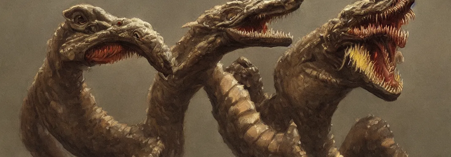 Image similar to full bodyshot!! symmetry!! a cross between a komodo dragon and a ferret, with a vipers head!! multiple rows of teeth in mouth, sleek dark fur!! dark fantasy, oil painting, in the style of frank frazetta, in the style of boris vallejo, top teir artstation, deviantart, pinterest