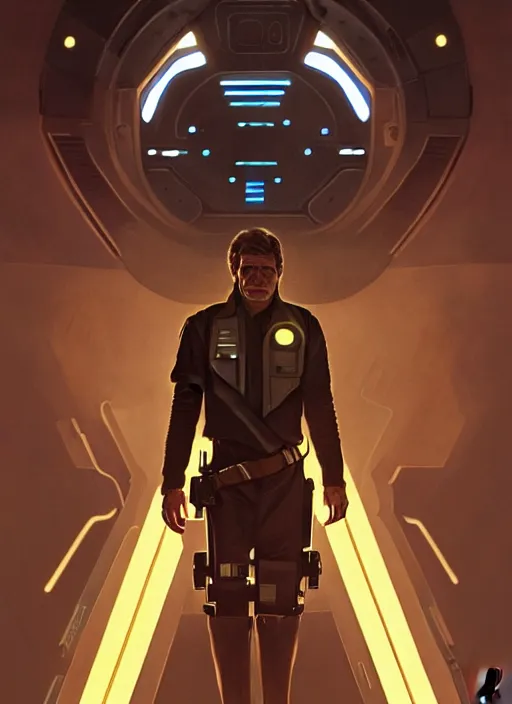 Image similar to symmetry!! portrait of harrison ford, solo gold sci - fi armour, tech wear, glowing lights!! sci - fi, intricate, elegant, highly detailed, digital painting, artstation, concept art, smooth, sharp focus, illustration, art by artgerm and greg rutkowski and alphonse mucha