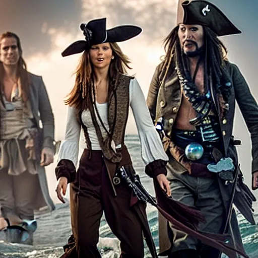 Image similar to still of Jennifer Lawrence as Captain Sparrow in Pirates of the Caribbean remake 2029