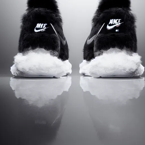 Prompt: nike shoe made of very fluffy black faux fur placed on reflective surface, professional advertising, overhead lighting, heavy detail, realistic by nate vanhook, mark miner