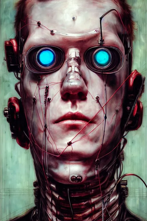 Prompt: cameron monaghan as a cyberpunk hacker, wires cybernetic implants, by esao andrews, jenny saville, james jean, dark art