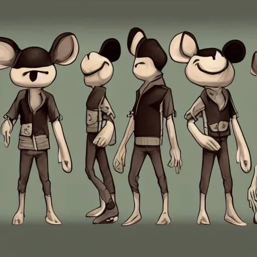Image similar to anthropomorphism, mouse / human hybrid game character concept art, thief, bad guy, ghiibli meets animal crossing style