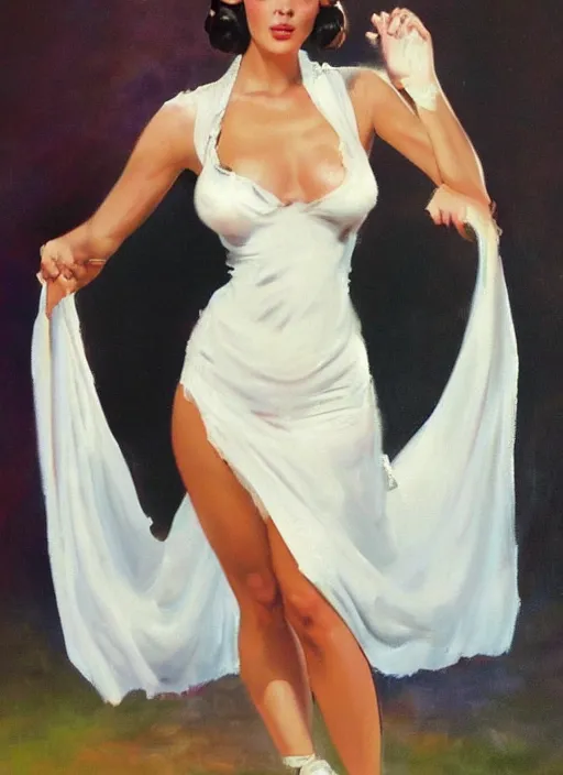 Prompt: oil painting of Princess Leia white ceremony dress torn ripped by frank frazetta alluring pin up deviant art seductive