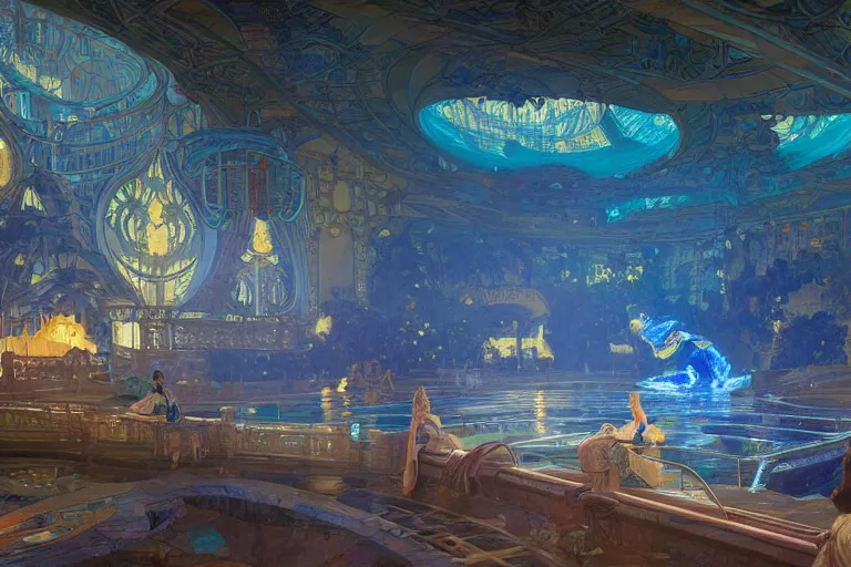 Prompt: Concept Digital Art Highly detailed Art Deco Cybertronian lazy river inside of the Palace of the Primes with glowing blue water at night by greg rutkowski, Ilya repin, alphonse mucha, transformers, and Edmund Blair Leighton. Very highly detailed 8K, Digital painting, the golden ratio, rational painting