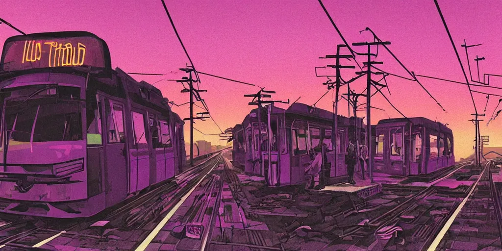 Image similar to post apocalyptic wasteland overhead wires neon futuristic cyberpunk vaporwave glow sunset clouds sky streetcar tram subway tunnel illustration by syd mead