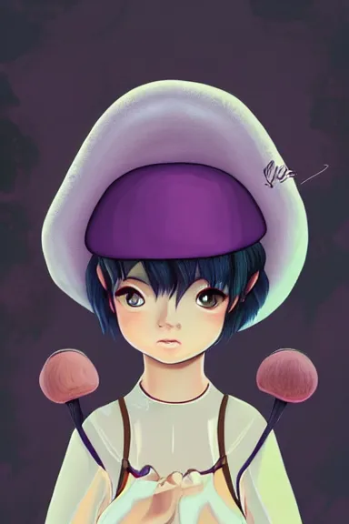 Image similar to a little girl wearing a mushroom hat in 9 0 s outfit | | purple curvy hair, pretty face, fine details, digial art by lois van baarle and sakimichan, anatomically correct, perfect composition, symmetrical, fantastic, clean details, anime character, extremely detailed, ray tracing