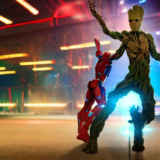 Prompt: groot and optimus prime dancing at techno party among people, wide shoot, after effect ultra realistic 3 d