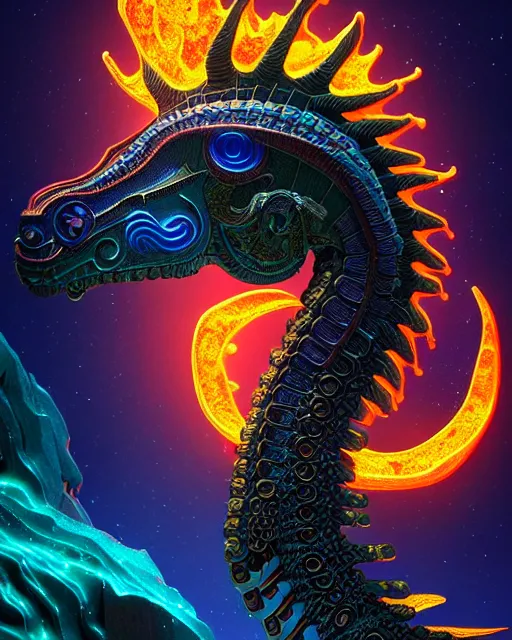 Prompt: 3 d ornate carved dark cosmic horse withfull body, sigma 5 0 0 mm f / 5. beautiful intricate highly detailed quetzalcoatl skull. bioluminescent, plasma, lava, ice, water, wind, creature, thunderstorm! artwork by tooth wu and wlop and beeple and greg rutkowski, 8 k trending on artstation