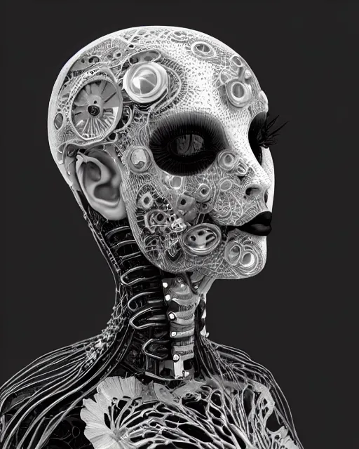 Image similar to black and white dreamy foggy smoky profile face portrait, one silver steampunk realistic eye biomechanical beautiful young female cyclope - cyborg - robot bust, body ribs meshes,, volumetric light, hibiscus flowers, by hg giger, rim light, by dora maar and cecile beaton, big gothic fashion pearl embroidered collar, 8 k