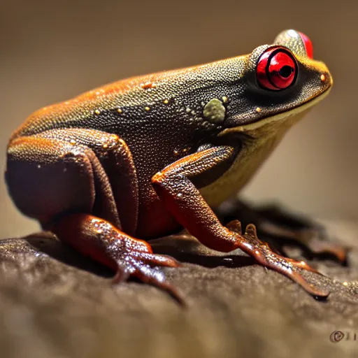 Prompt: red frog, 80mm lens