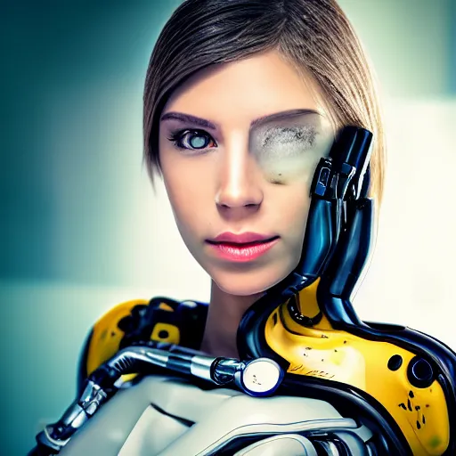 Prompt: photo portrait of a beautiful female cyborg (banana)