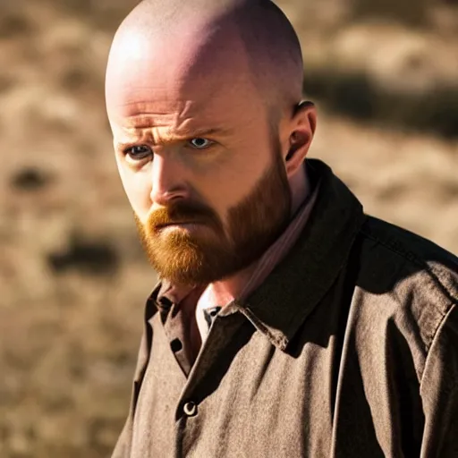 Image similar to Live Action Still of Aaron Paul dressed as Walter White, real life, hyperrealistic, ultra realistic, realistic, highly detailed, epic, HD quality, 8k resolution, body and headshot, film still