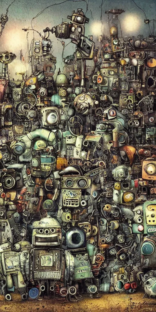 Image similar to a robot junkyard scene by alexander jansson