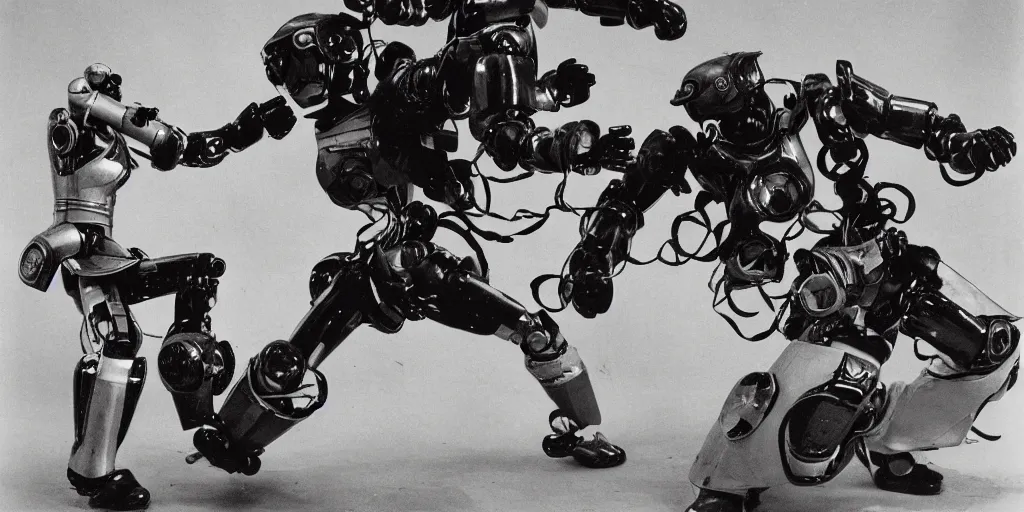 Prompt: old photo of robot ninja fighting robots by akira kurosawa