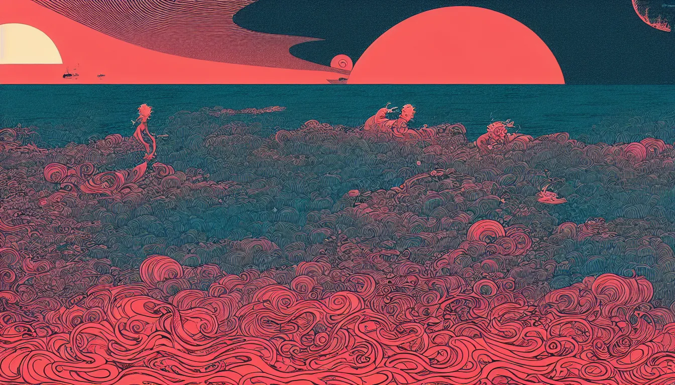 Image similar to ocean sunset by enso, jamie hewlett, nicolas delort, moebius, victo ngai, josan gonzalez, kilian eng