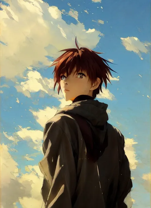 Image similar to portrait of Asuka Soryu Langley, Anime, countryside, calm, fantasy character portrait, dynamic pose, above view, sunny day, thunder clouds in the sky, artwork by Jeremy Lipkin and Giuseppe Dangelico Pino and Michael Garmash and Rob Rey, very coherent asymmetrical artwork, sharp edges, perfect face, simple form, 100mm