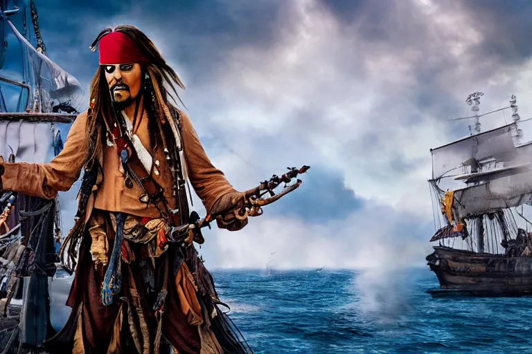 Image similar to jack sparrow playing a 2 neck guiter on a ship while the british fire cannons in the background, cinematic, dramatic, still, photograph, digital art, dynamic lighting, highly detailed, sharp focus