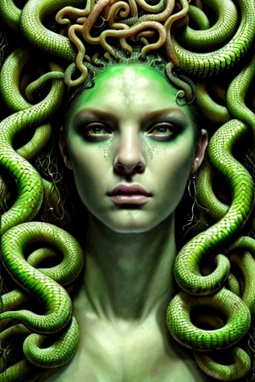 Image similar to hyperrealistic mixed media painting of beautiful Medusa, green scaley serpents in her hair, pale skin, serious evil expression, full body, stunning 3d render inspired art by P. Craig Russell and Barry Windsor-Smith + perfect facial symmetry + dim volumetric lighting, 8k octane beautifully detailed render, post-processing, extremely hyperdetailed, intricate, epic composition, grim yet sparkling atmosphere, cinematic lighting + masterpiece, trending on artstation, very very detailed, masterpiece, stunning