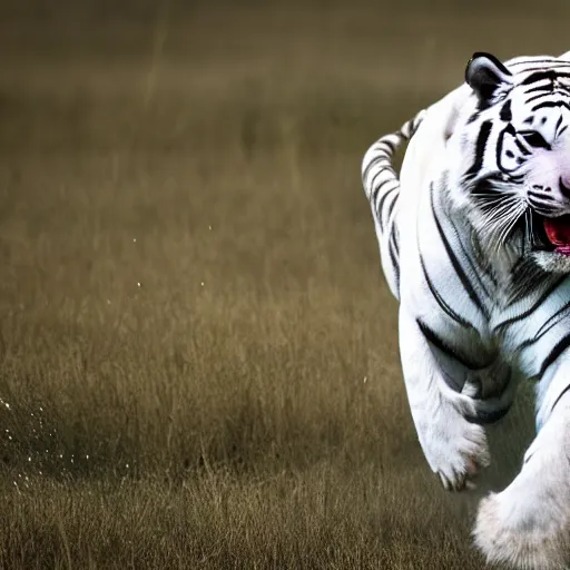 Image similar to realistic photo shot of a white tiger running fast | cinematic photo | cinematic shot | epic | 8k resolution | realistic | hyperrealistic