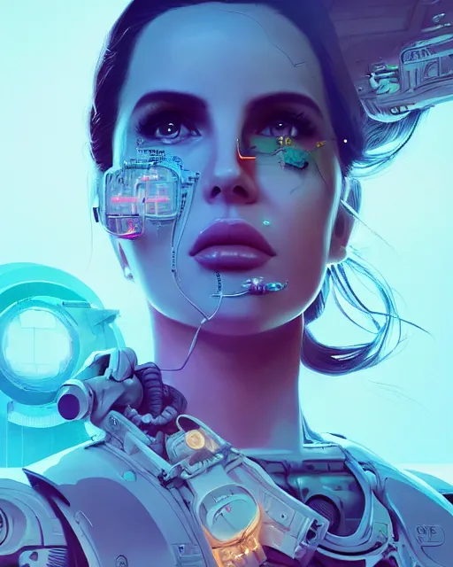 Image similar to portrait of lana del rey as a cyborg. intricate abstract. intricate artwork. by tooth wu, wlop, beeple, dan mumford. octane render, trending on artstation, greg rutkowski very coherent symmetrical artwork. cinematic, hyper realism, high detail, octane render, 8 k, iridescent accents