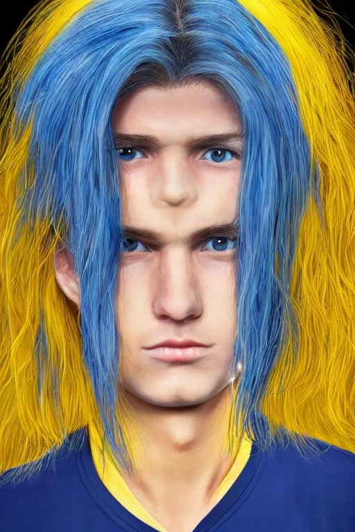 Image similar to a boy with long blue hair and yellow eyes, hyperrealistic, symmetrical, face portait, high coherence